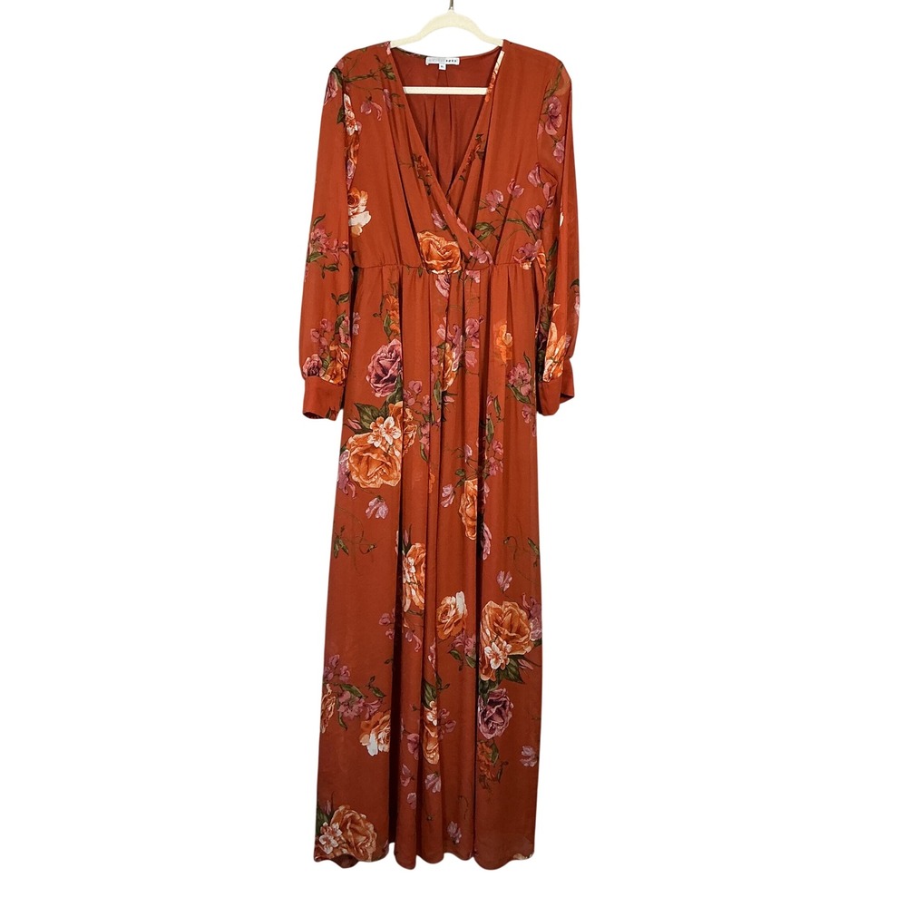 Baltic Born Floral Wrap Maxi Dress Rust Orange Long Sleeve XL Wedding Guest
